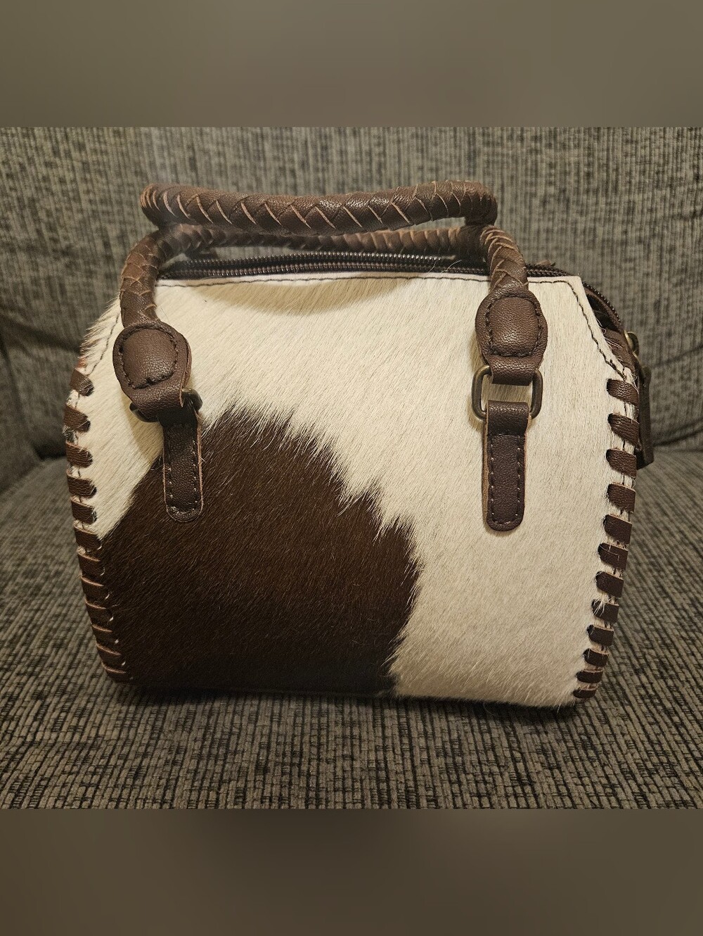 Cowhide Satchel Handbag in Brown and White | Mini Speedy